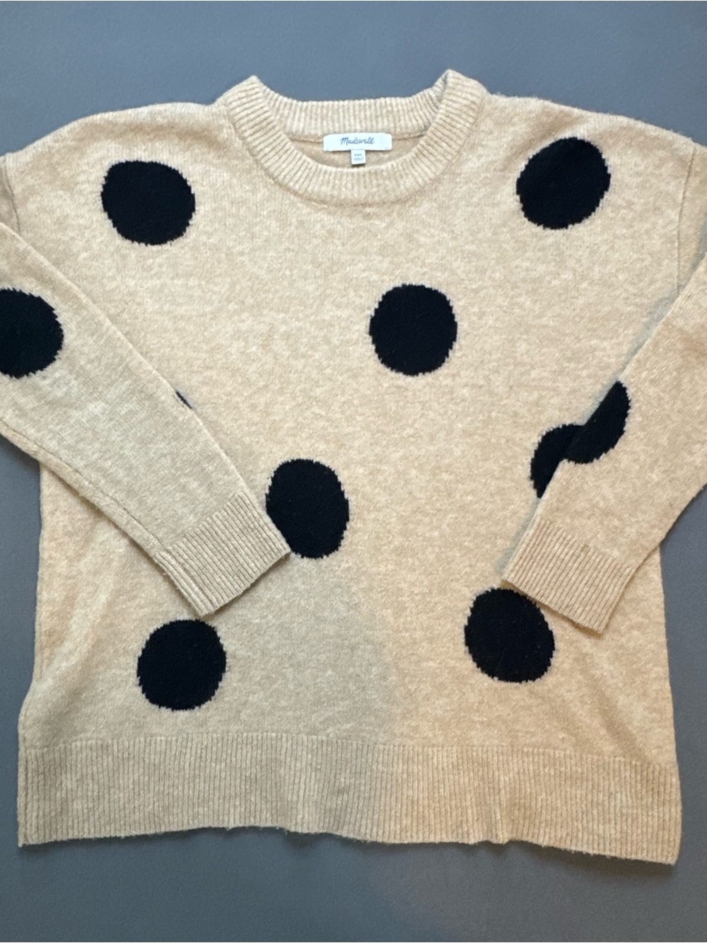Madewell Women's Camel Sweater with Black Polka Dots Oversized XXS Crew Neck